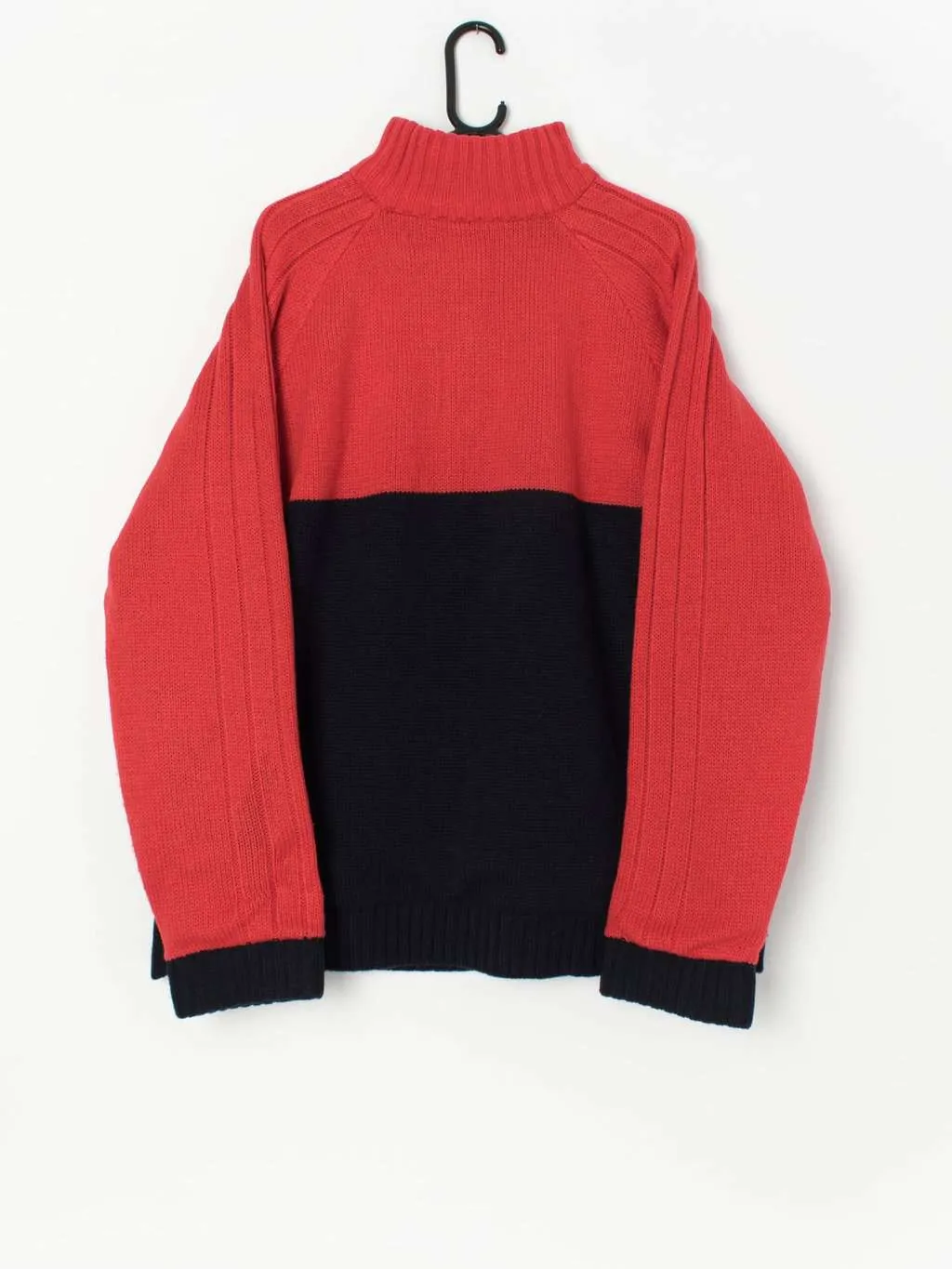 Vintage knitted quarter zip ski jumper in red and black – XL