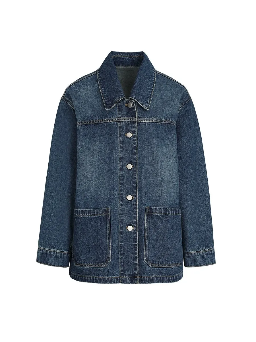 Xia Shiwen Flight Log Retro Simple Casual Loose Lapel Denim Jacket Women's Spring Versatile Silhouette Top