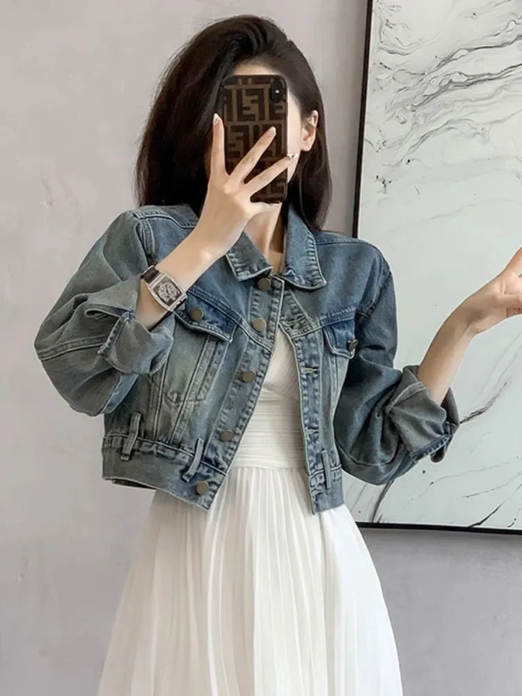 Xiaoxiangfeng hot girl short denim jacket for women spring and autumn 2024 design high-end loose retro blue denim jacket