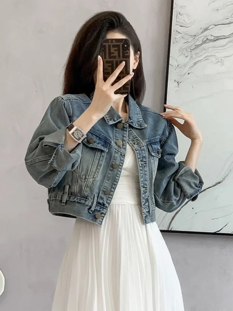 Xiaoxiangfeng hot girl short denim jacket for women spring and autumn 2024 design high-end loose retro blue denim jacket