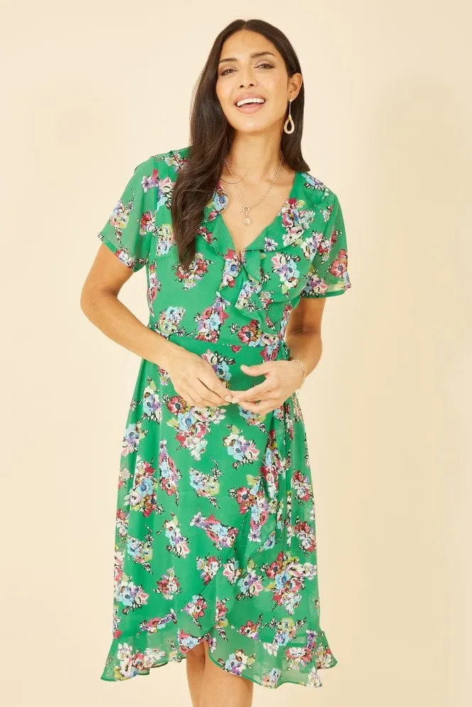 Yumi Green Floral Frill Wrap Midi Dress