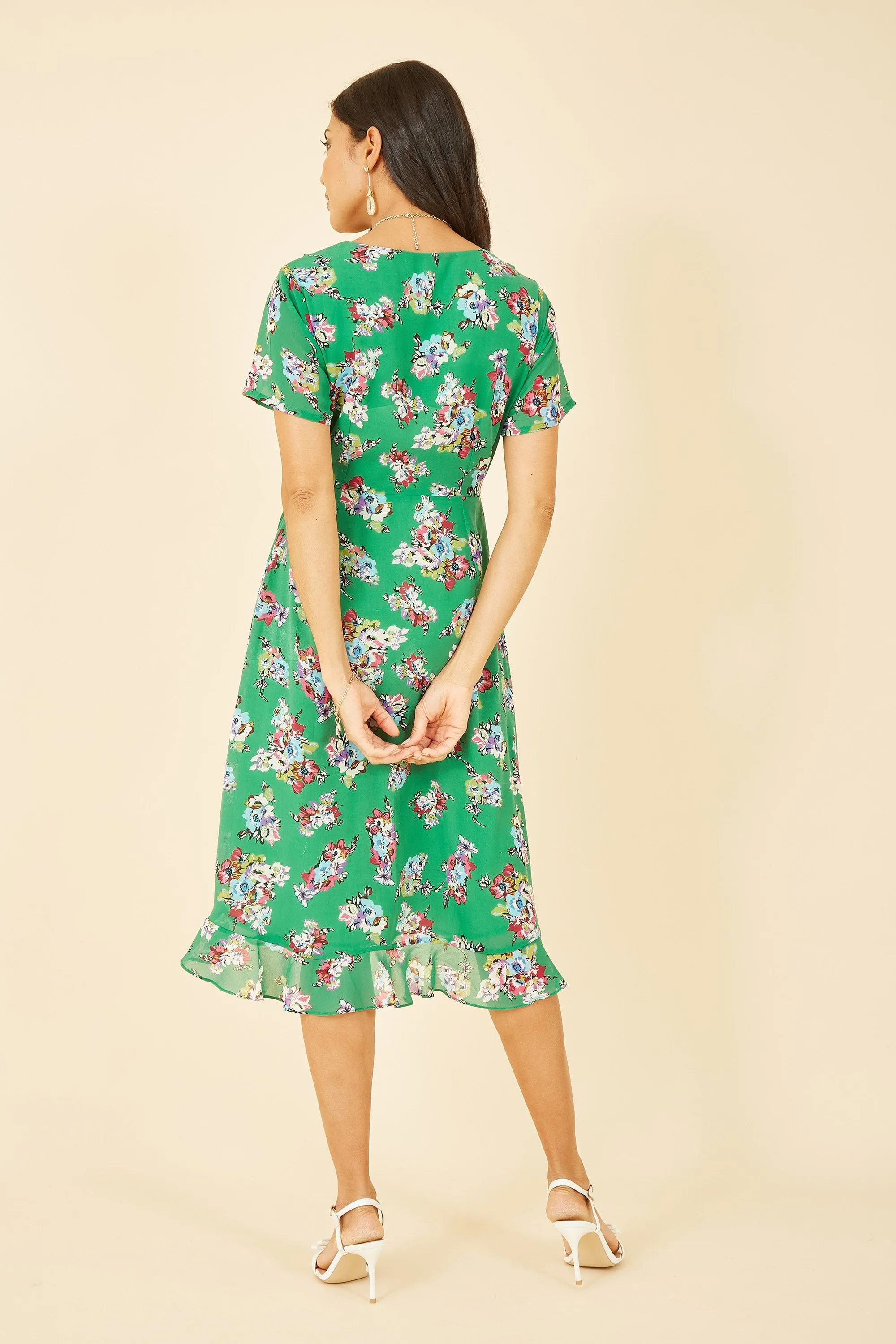 Yumi Green Floral Frill Wrap Midi Dress