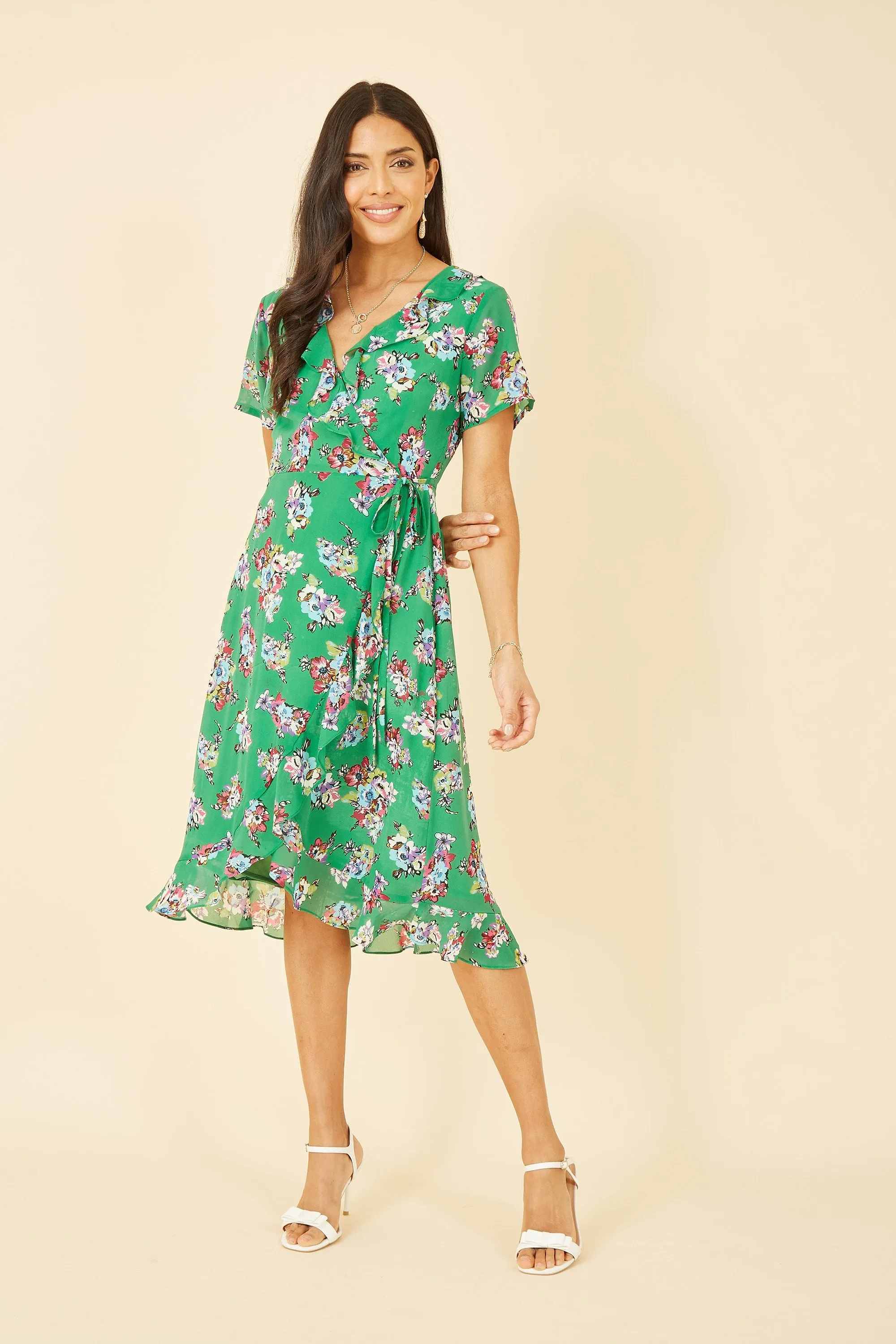 Yumi Green Floral Frill Wrap Midi Dress