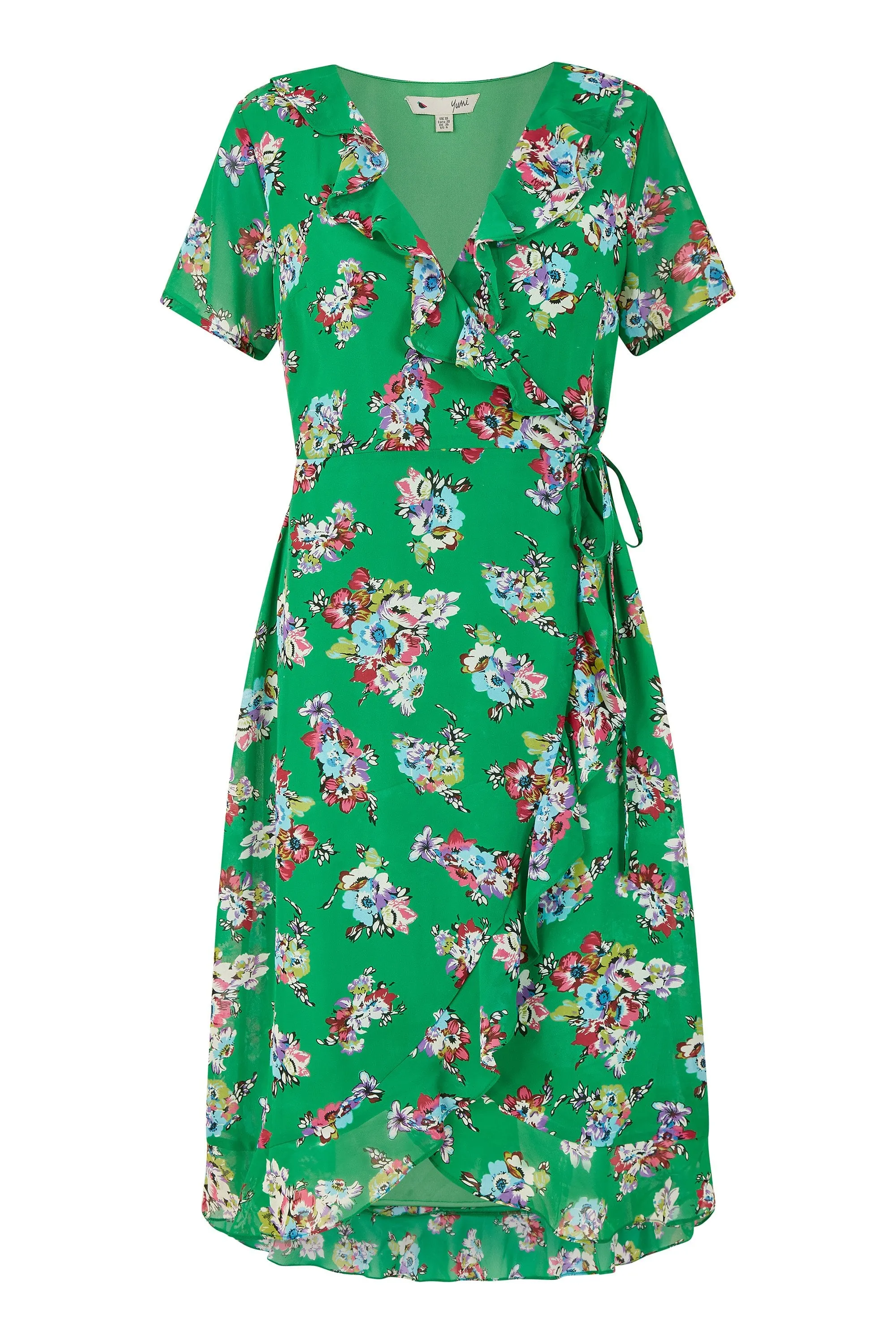 Yumi Green Floral Frill Wrap Midi Dress