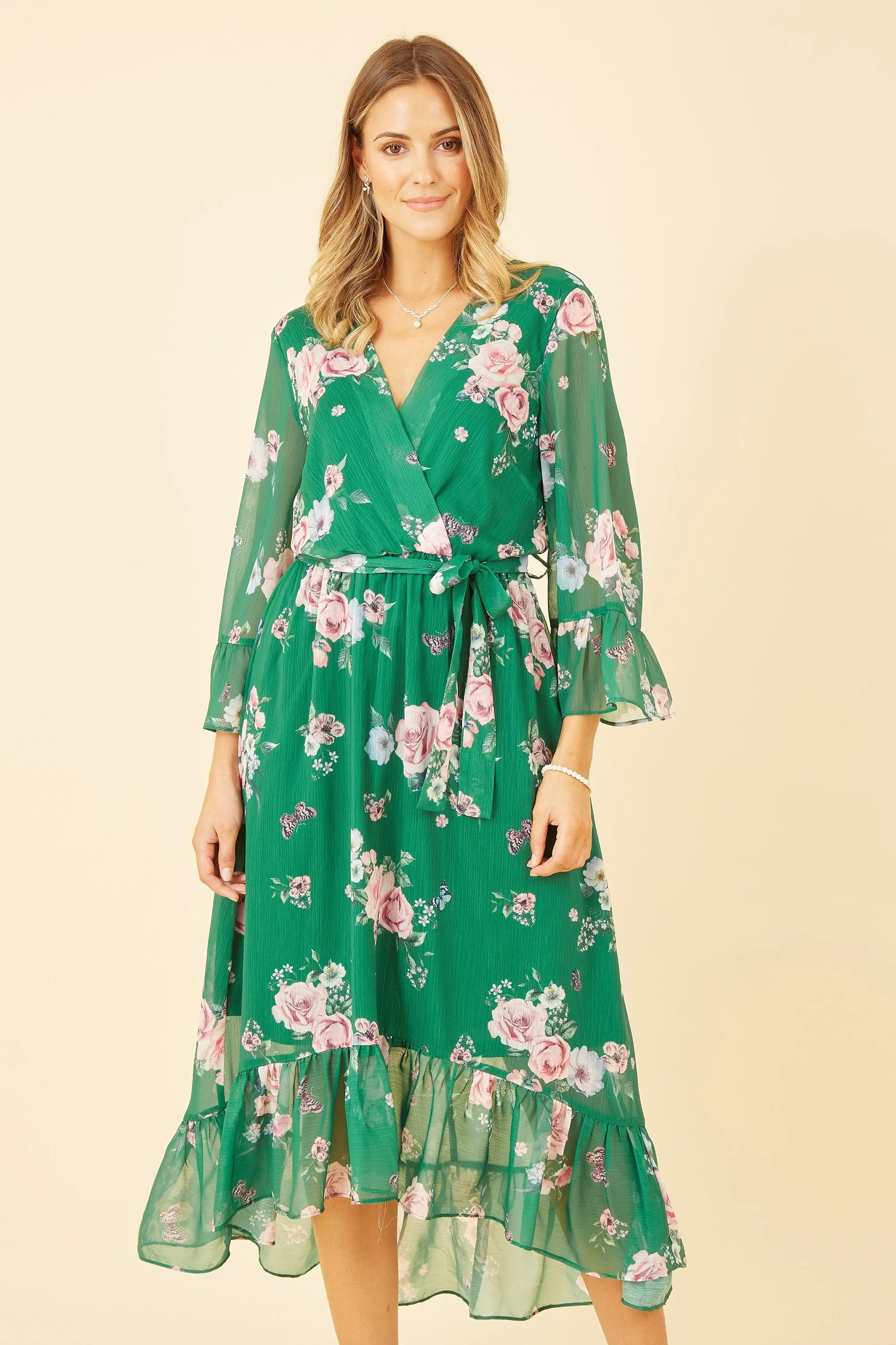 Yumi Green Floral Wrap Dress With Dipped Hem