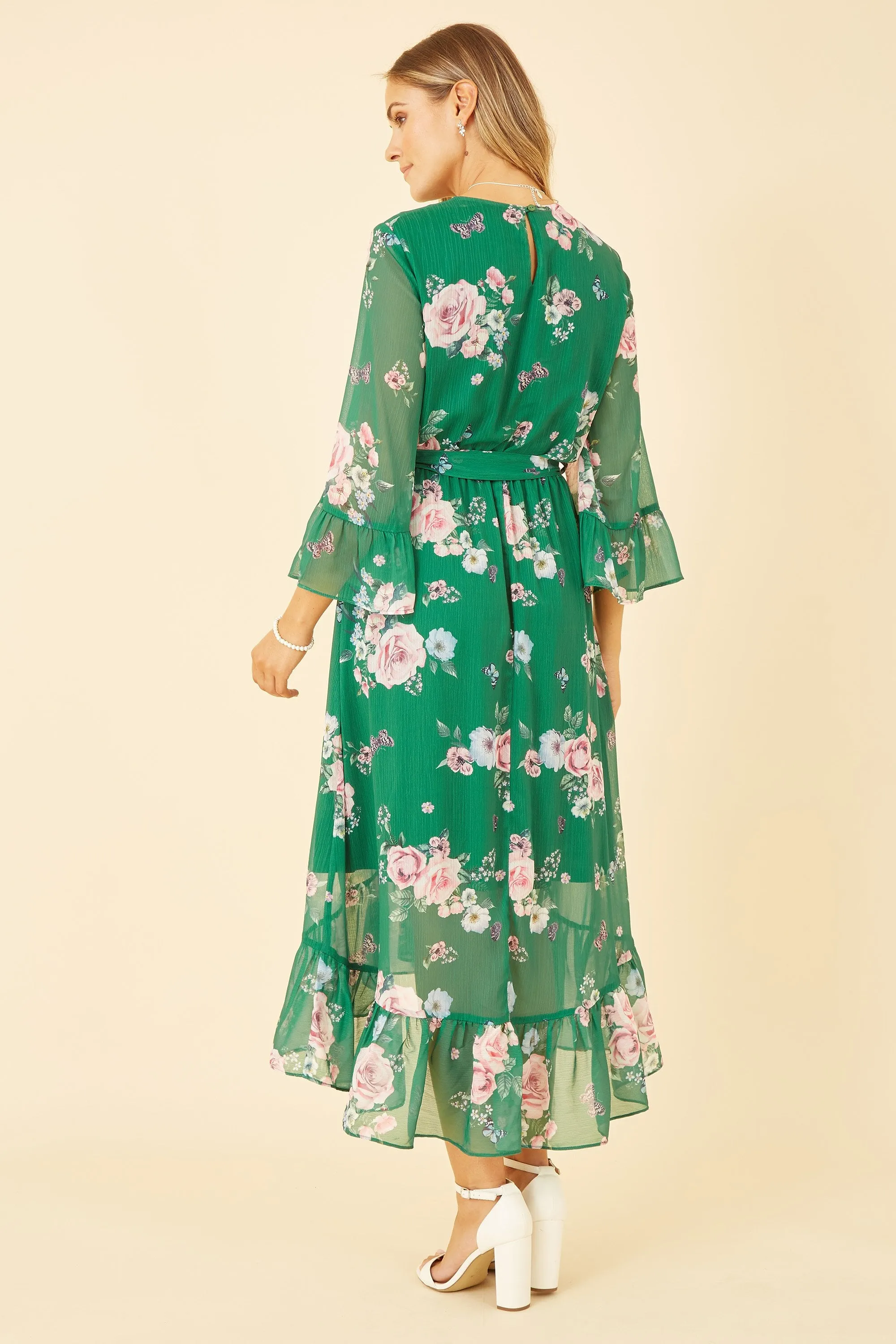 Yumi Green Floral Wrap Dress With Dipped Hem