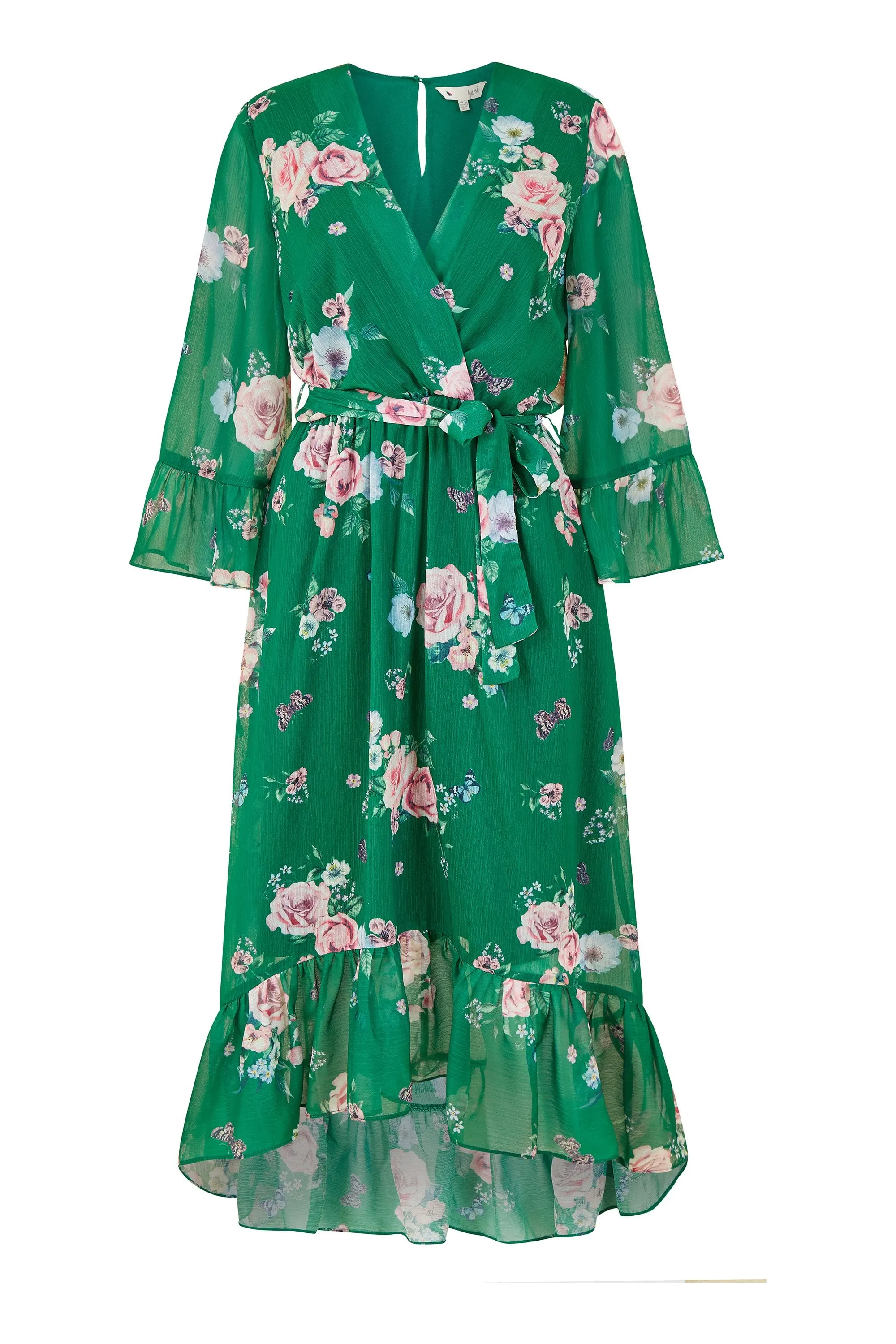 Yumi Green Floral Wrap Dress With Dipped Hem