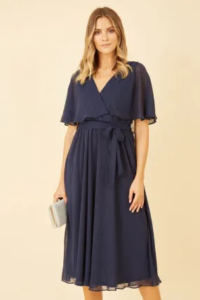 Yumi Navy Wrap Midi Dress With Flutter Sleeve