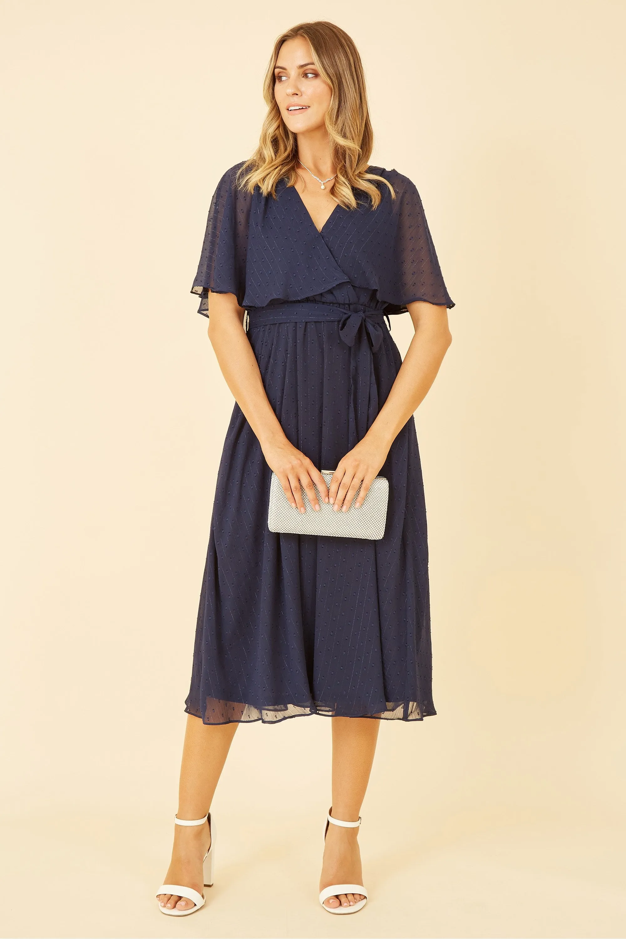 Yumi Navy Wrap Midi Dress With Flutter Sleeve