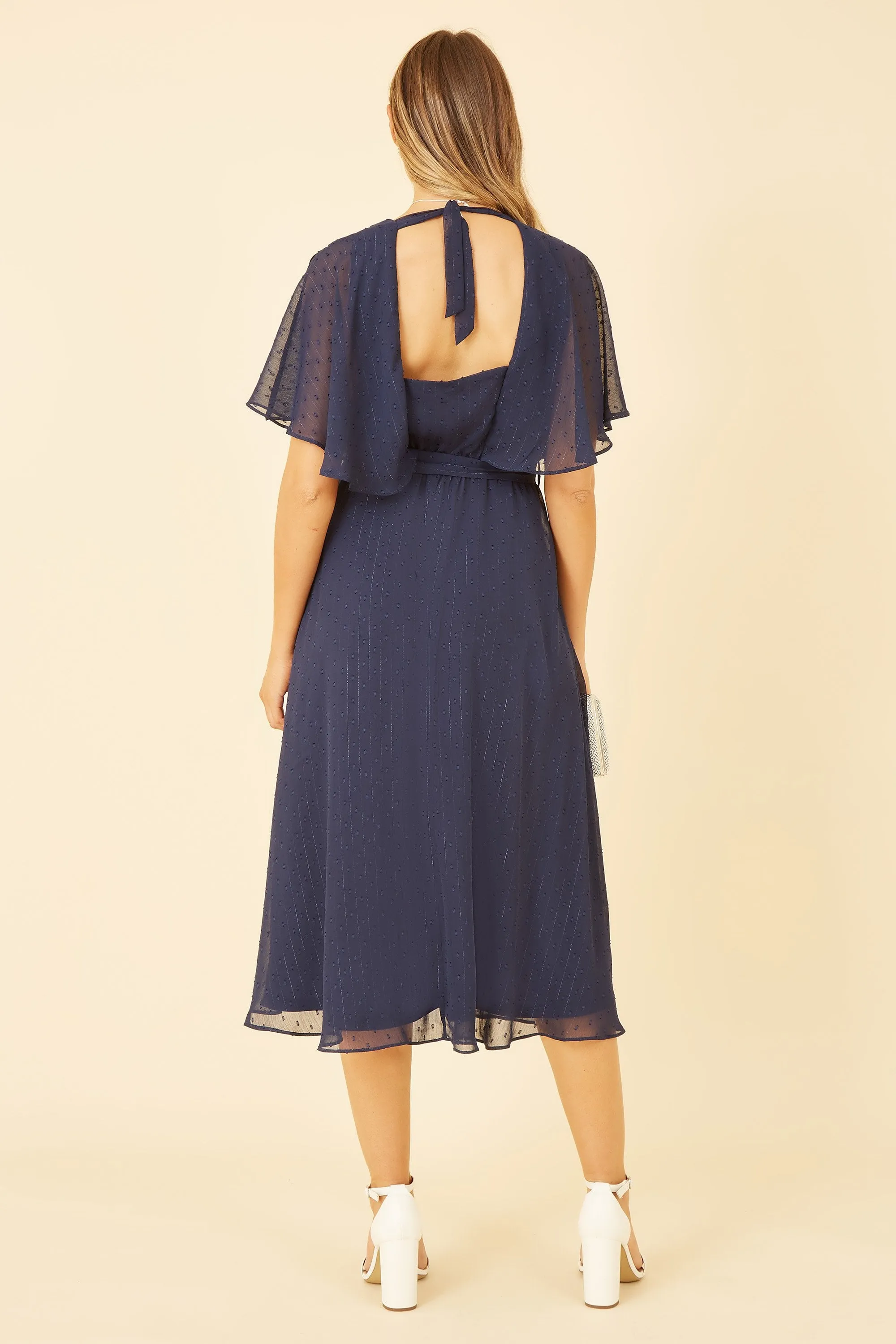 Yumi Navy Wrap Midi Dress With Flutter Sleeve