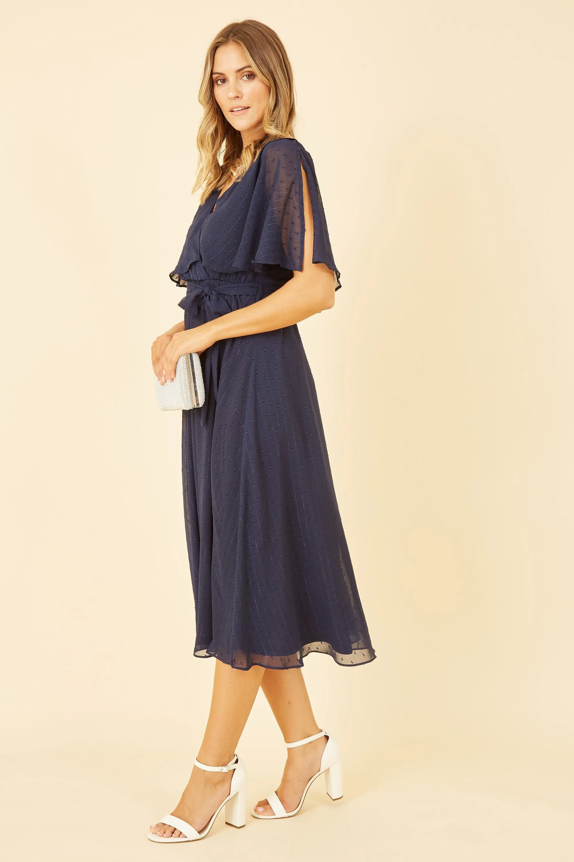 Yumi Navy Wrap Midi Dress With Flutter Sleeve