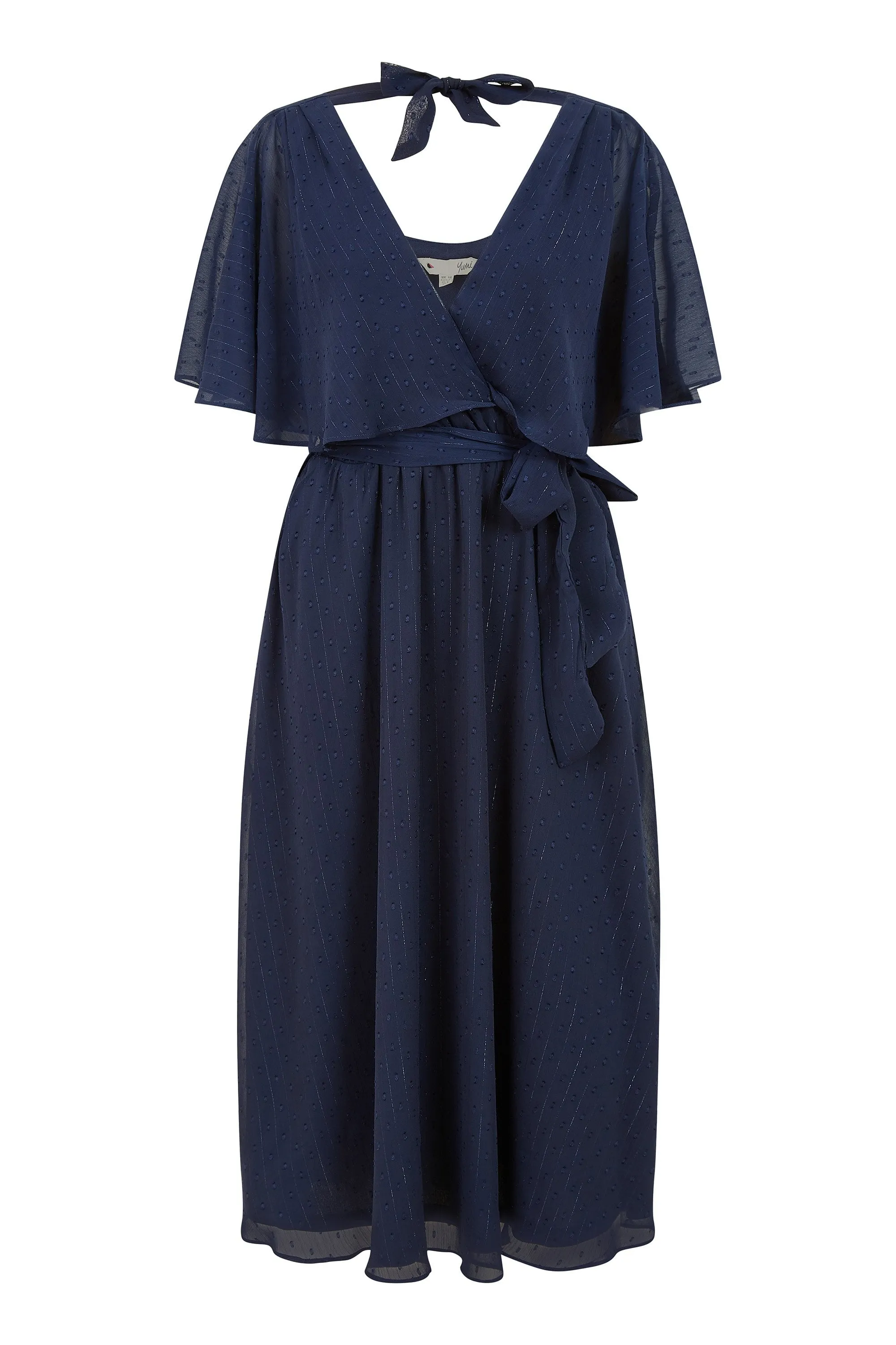 Yumi Navy Wrap Midi Dress With Flutter Sleeve